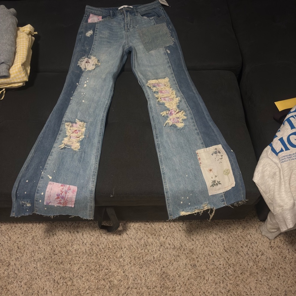 Altar'd State Blue Floral Patchwork Flare Jeans